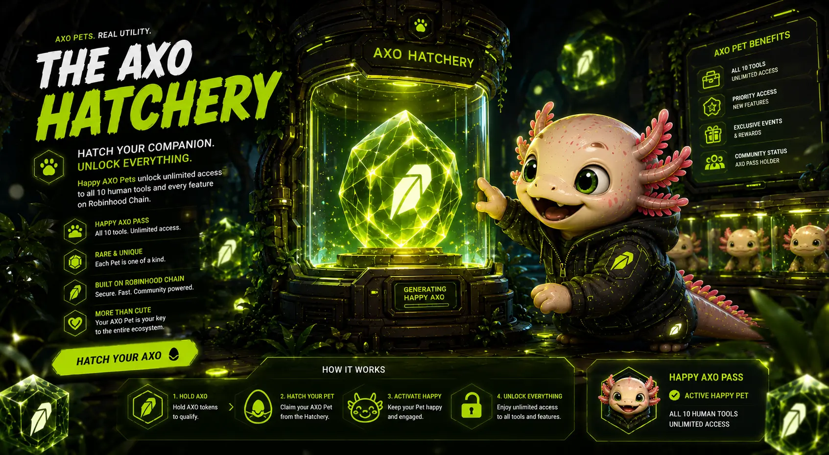 The AXO Hatchery generating a crystal egg and Happy AXO companion with pet benefits and activation steps